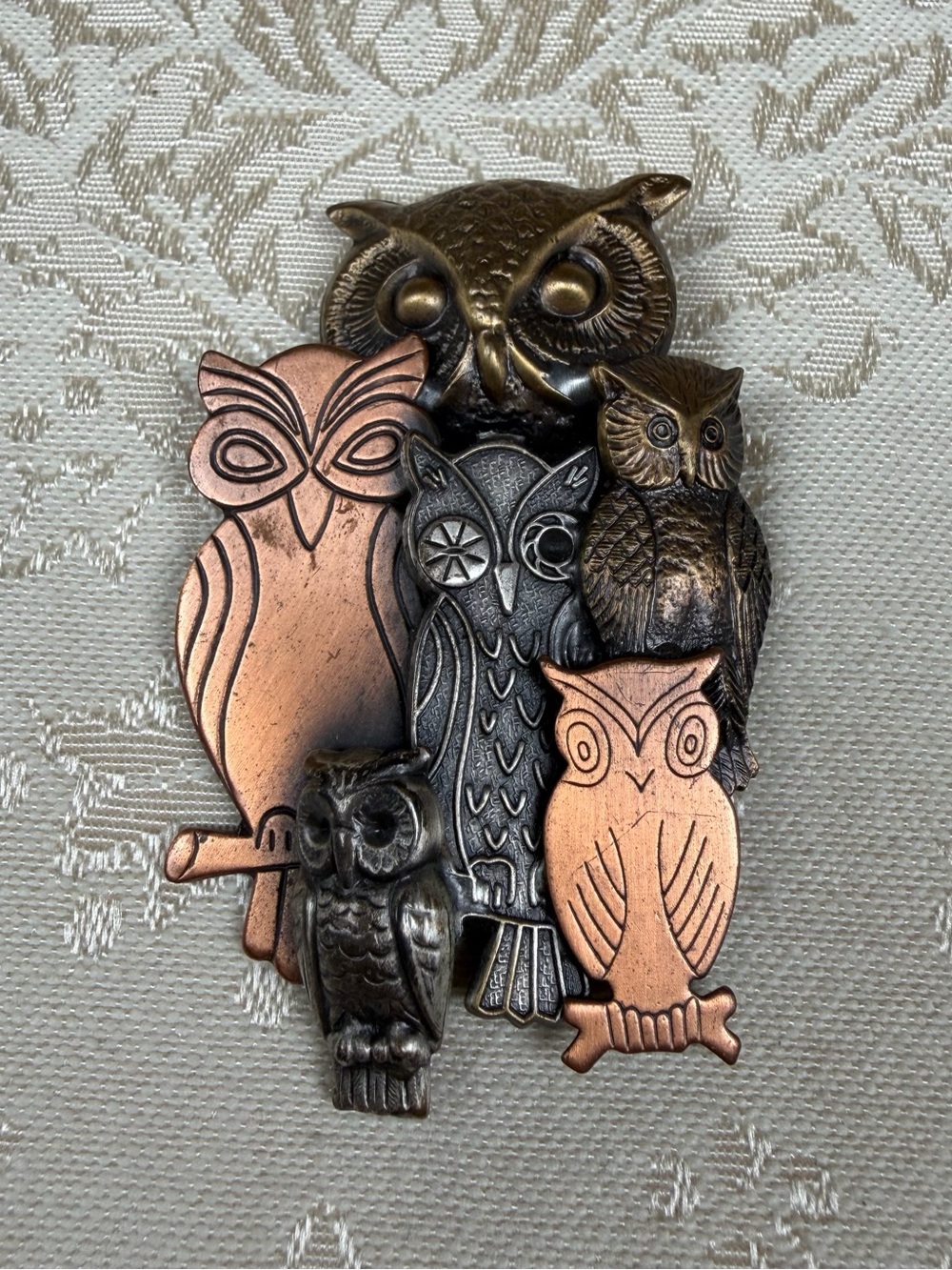 Vintage K&T Signed Mixed Metal Owl Brooch Pin - Copper & Antique Silver Tones